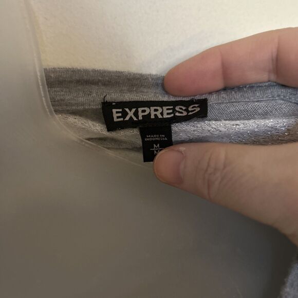 EXPRESS Women's Grey Shimmer Stripe L/S Scoop Neck Top Blouse Small M Fitted - Picture 5 of 7
